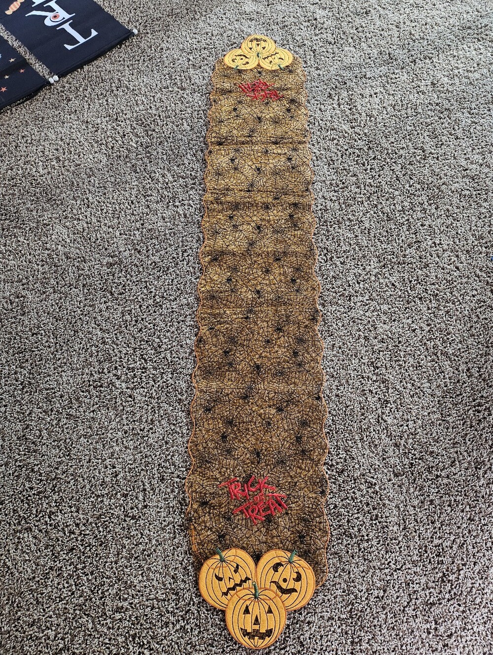 Halloween Pumpkin Spooky Mesh Table Runner - Orange and Black